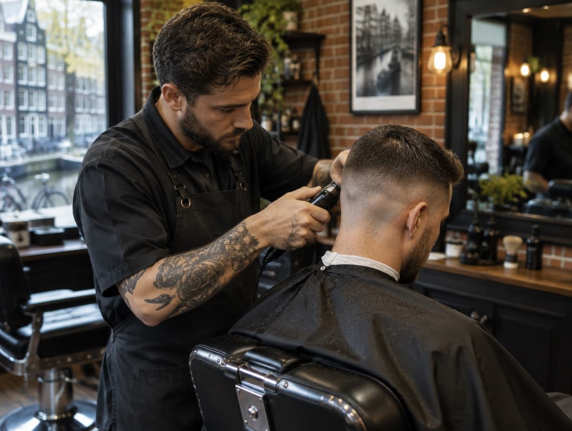 Barber knipt een strakke fade in een barbershop met bakstenen muur