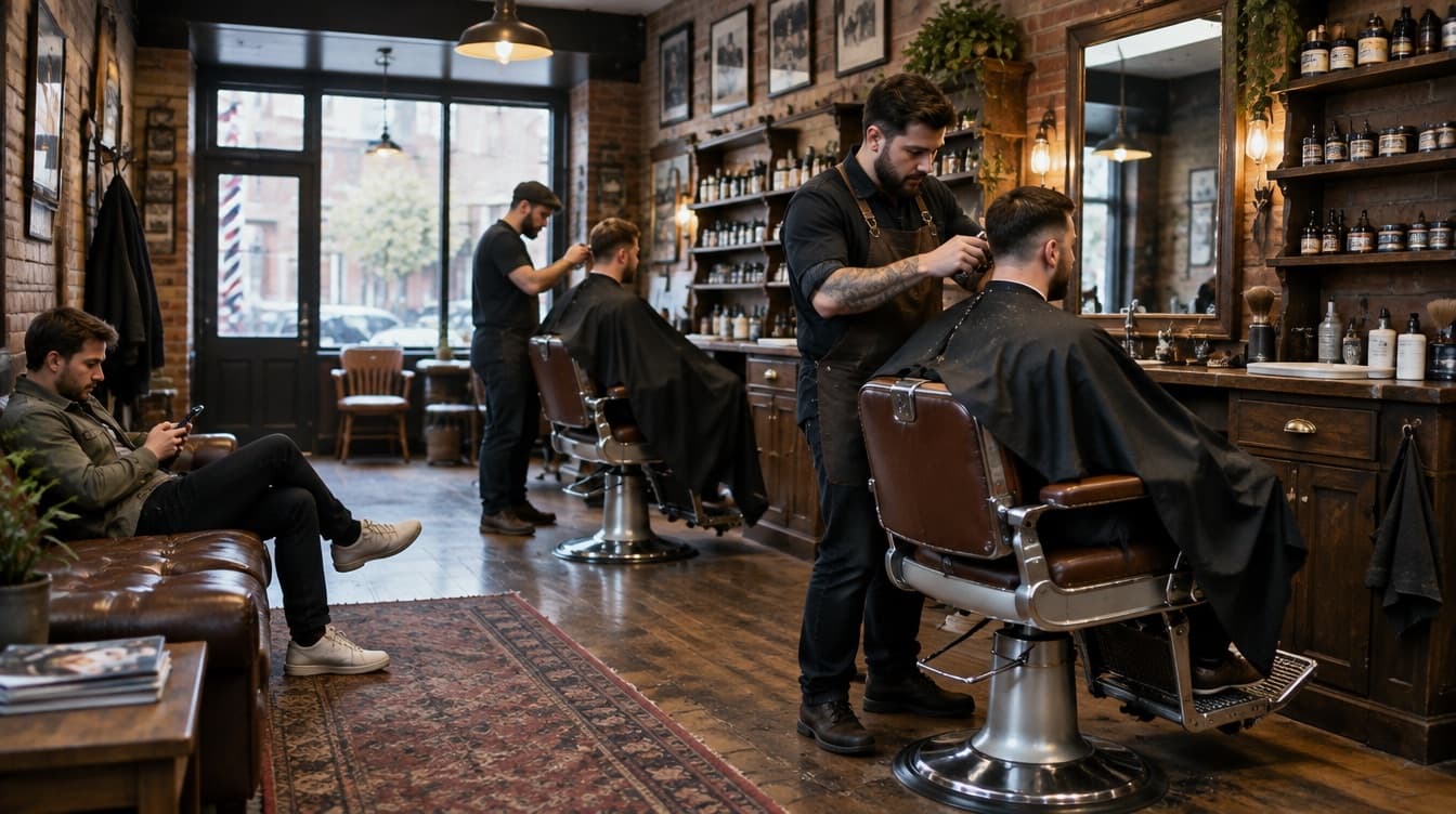 Twee barbers aan het werk terwijl een klant wacht