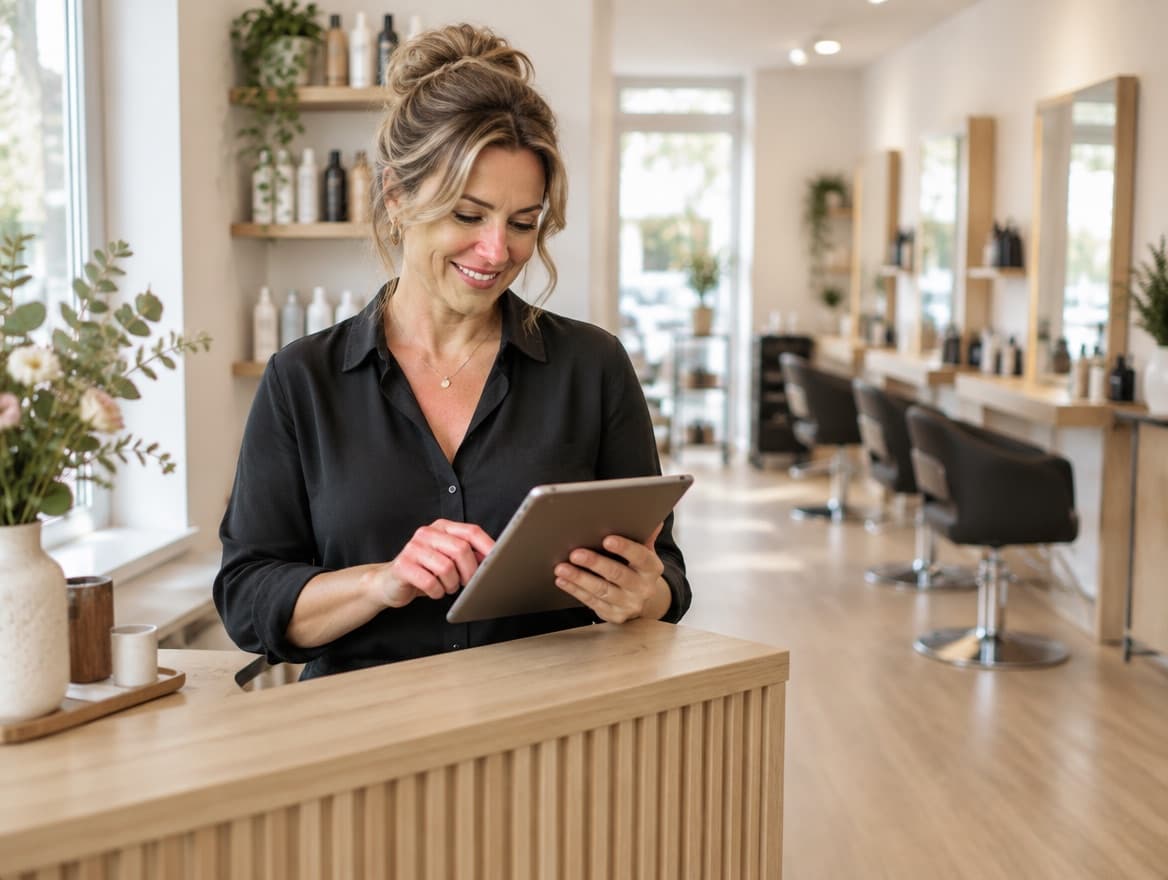 Salonhouder bekijkt de agenda op een tablet aan de balie