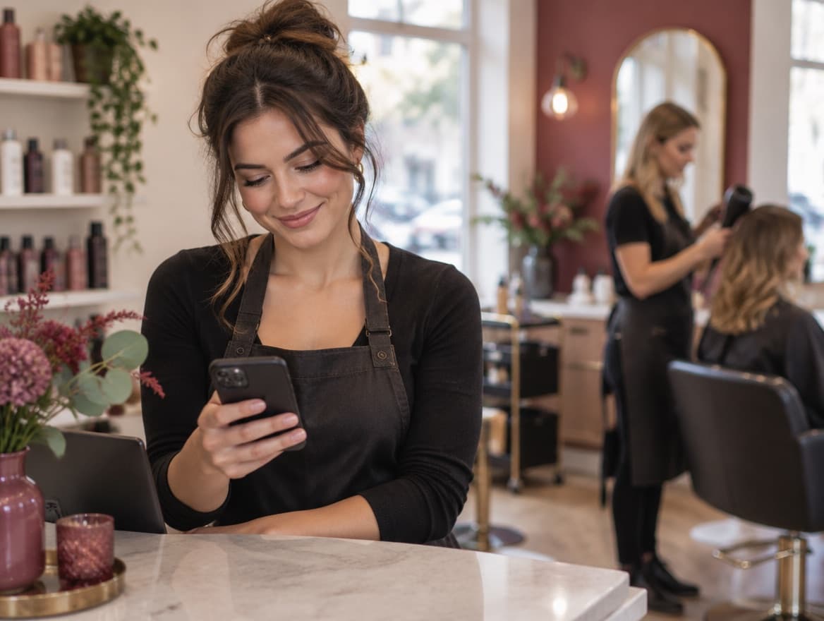 Salonhouder kijkt tevreden op haar telefoon aan de balie