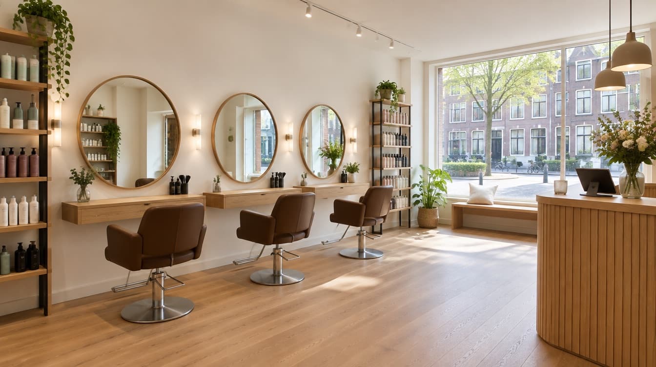 Lichte kapsalon met drie stoelen en ronde spiegels, klaar voor de dag